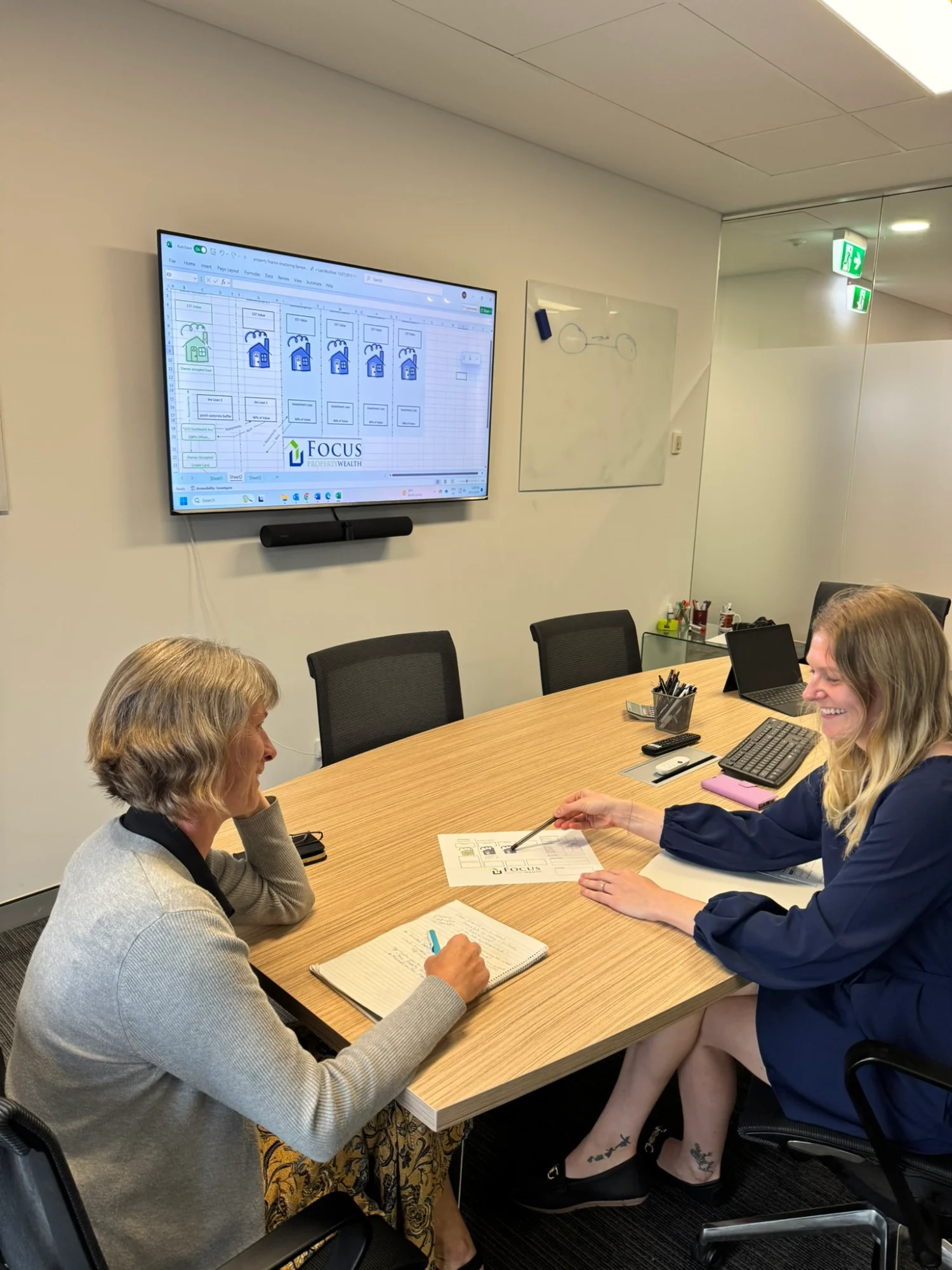 Focus Property Wealth advisers discussing a client's loan structure in the meeting room